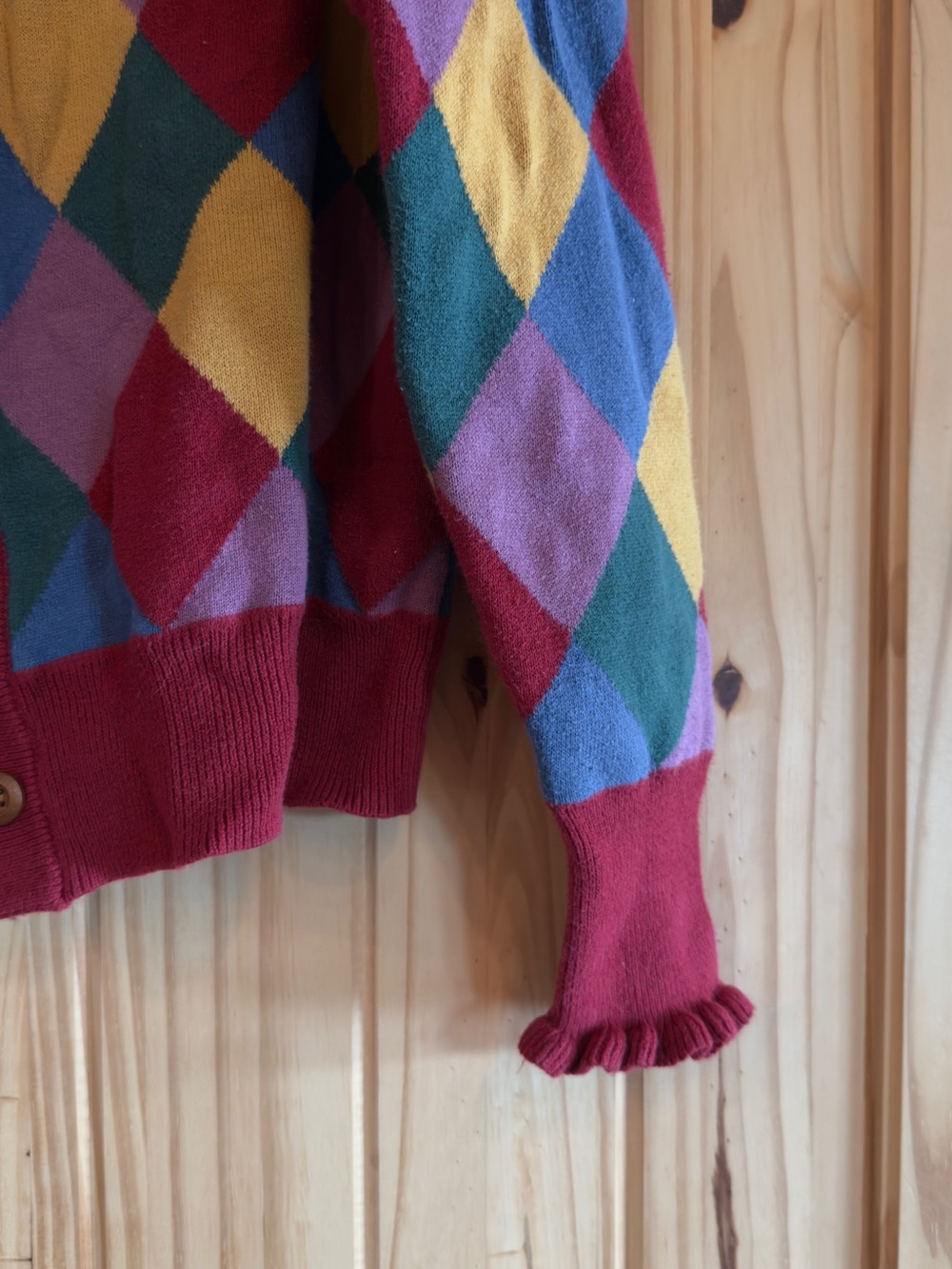 Colorful Argyle Pattern Cardigan with Ruffle Cuffs - Picture 2 of 3
